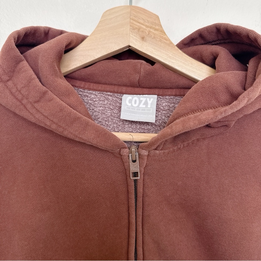 Aritzia TNA Womens Xsmall Cozy Fleece Perfect Zip-Up Hoodie in Cognac - Picture 6 of 11